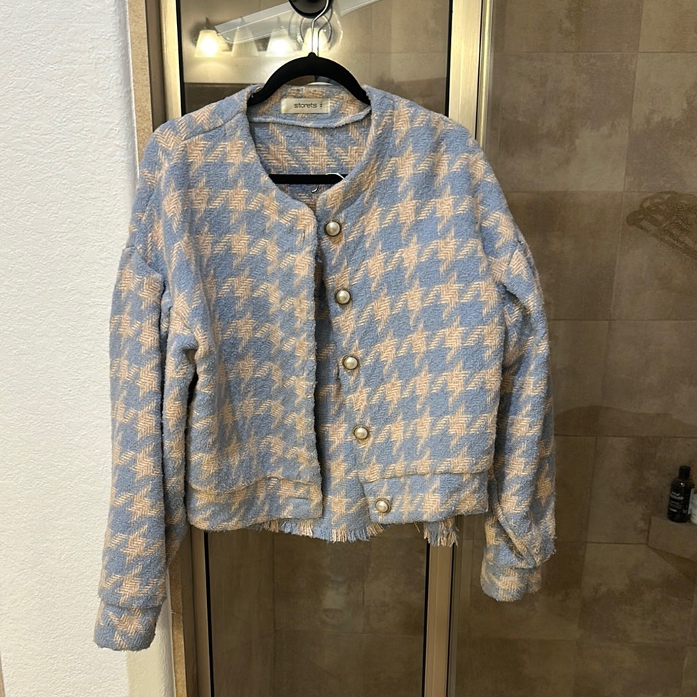 Women's Blue and Cream Houndstooth Jacket with skirt